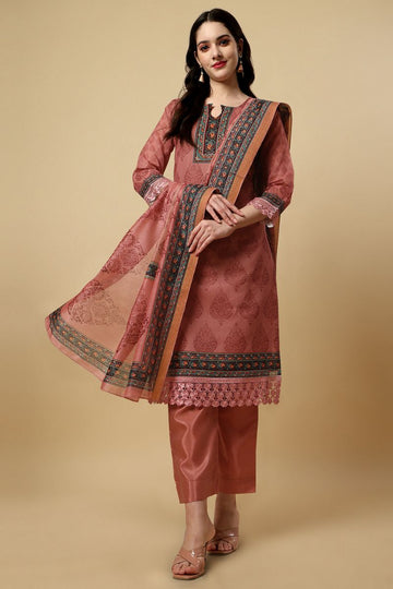 Dark Peach Chanderi Silk Digital Printed Unstitched Salwar Suit